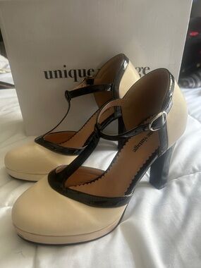 Unique Vintage Cream and Black Patent T-Strap Platform Pumps